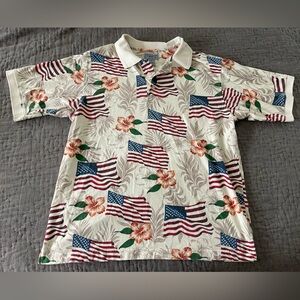 Vintage AMERICAN FLAG Polo Shirt Hawaiian Floral Windham Pointe Patriotic Medium